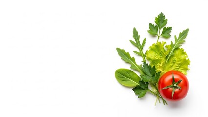 Fresh red tomato with lettuce and mixed greens on white background  