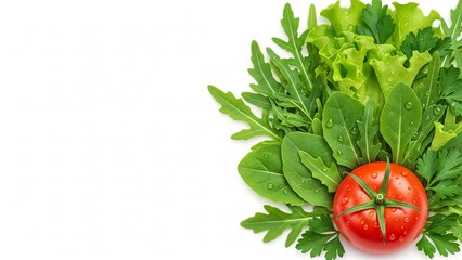 Fresh tomato surrounded by assorted green leafy vegetables  