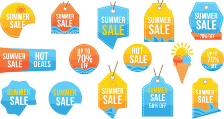 Summer sale tag illustration—bright promotional labels with sun, waves, and ice cream for seasonal retail and marketing visuals