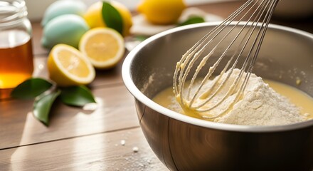 Mixing batter in bowl with whisk, lemons, and honey for a delicious recipe