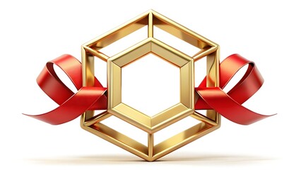 Golden hexagonal frame decorated with red ribbons and bows