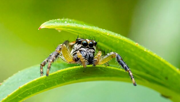 A small arachnid with multiple eyes peers out from beneath a bright green leaf, set against a blurred foliage background
