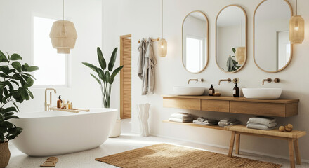 Modern bathroom interior featuring a freestanding bathtub, dual sinks with wooden vanity, stylish mirrors, and lush greenery, creating a serene and inviting atmosphere for relaxation