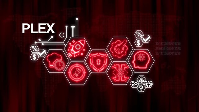 PLEX Digital Technology Icons and World Map Overlay with Neon Red Glow PLEX innovation
