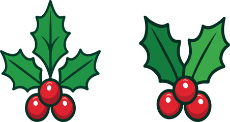 Christmas Holly Berry Icons Set – Festive Green Leaves and Red Berries Vector Illustration.