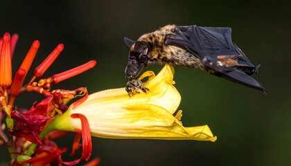 A small bat clings to a bright yellow flower, hovering above a bee, with red and orange blooms nearby against a blurred green background
