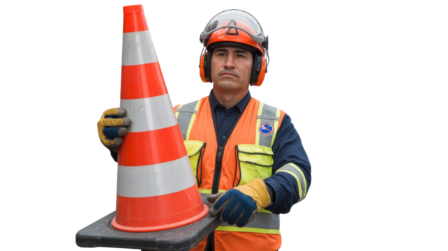 A construction worker wearing a helmet, earmuffs, high-vis vest, and gloves, holds an orange traffic cone, symbolizing safety and work. background removed