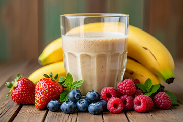 Delicious and Healthy Fruit Smoothie Surrounded by Fresh Berries and Bananas on Rustic Wooden Table