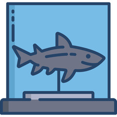 Illustration Of A Grey Shark Displayed In A Blue Glass Tank On A Grey Pedestal Against A Light Blue Background