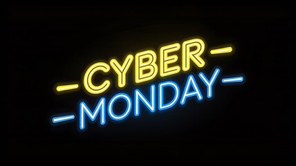 Cyber monday neon sign with glowing yellow and blue light for online shopping sale concept  

