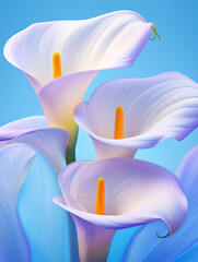 Elegant arrangement of white calla lilies with vibrant yellow stamens set against a serene blue background floral beauty and artistic rendering
