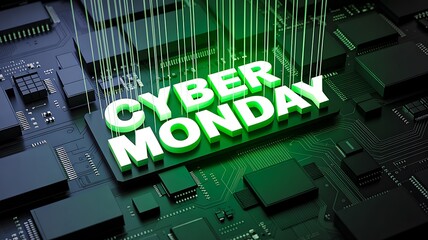 Green cyber monday digital background with technology and online shopping concept  

