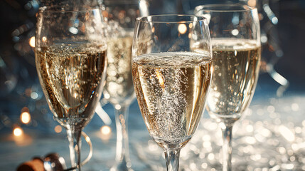Sparkling champagne flutes filled with bubbly drink, set against a festive background with twinkling lights, creating a celebratory atmosphere for special occasions