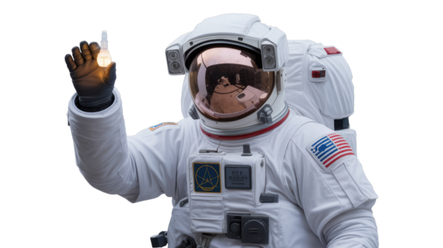 An astronaut in a white spacesuit holds a small, glowing light bulb, symbolizing an idea or discovery, against a plain transparent background. background removed - Powered by Adobe
