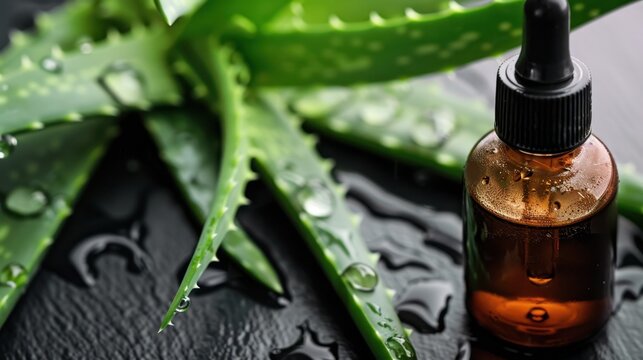 A close-up of an amber glass dropper bottle next to fresh green aloe vera leaves with water droplets on a dark surface.