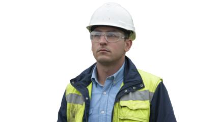 A focused male worker in a white hard hat, clear safety glasses, and a dirty high-visibility jacket on a transparent background. background removed