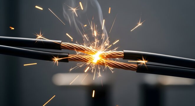Electrical Short Circuit Sparks Flying from Damaged Wires, Copper Core Exposed