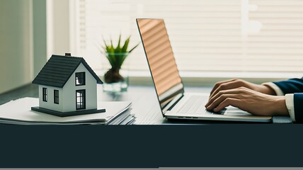 Businessman working on laptop with house model representing real estate investment and property management concept  
