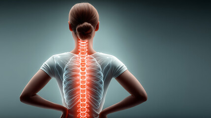 Digital illustration of woman with highlighted spine pain, medical concept showing skeletal anatomy and back discomfort
