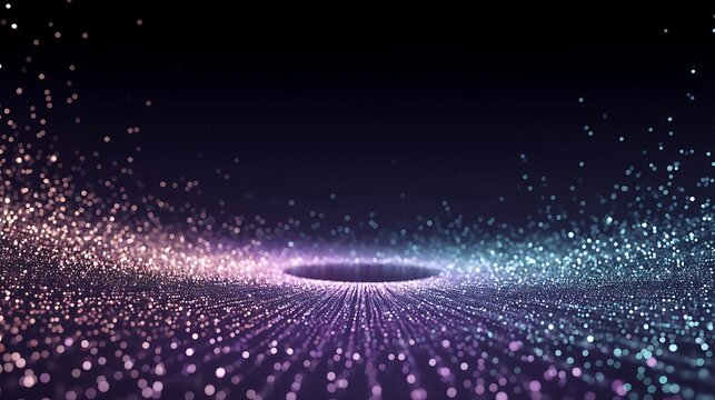 Geometric AI patterns in purple-teal expanding from the center, with soft glowing particles and clean blank space above for data insights and brand name, perfect for modern business marketing