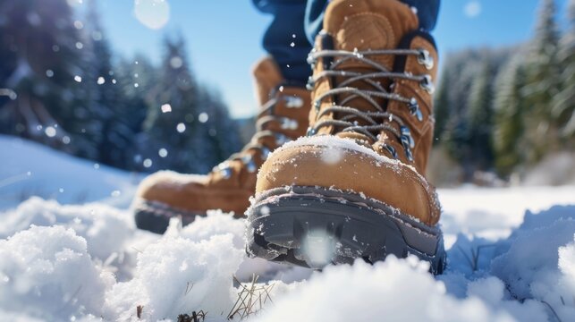 Close-up of brown hiking boots stepping in fresh snow. Snowflakes are falling in a winter landscape with evergreen trees in the background. - Powered by Adobe