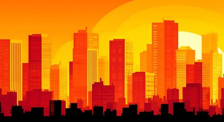 Obraz premium Tall buildings dominate the cityscape, bathed in a warm orange glow, and their nighttime illumination generates an energetic ambiance