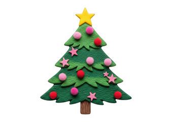Crafted felt christmas tree with star and colorful pom-pom decor isolated on transparent background