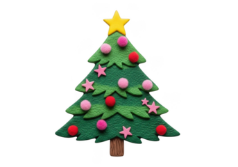 Crafted felt christmas tree with star and colorful pom-pom decor isolated on transparent background