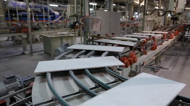 Smart Factory is controlled by artificial intelligence. A automated plant for the production of ceramic and porcelain tiles. A production line or conveyor line at a ceramic and porcelain tile factory.