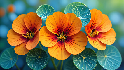 Vibrant Nasturtium Flowers with Intricate Petals and Veined Leaves Floral Beauty Wallpaper Background