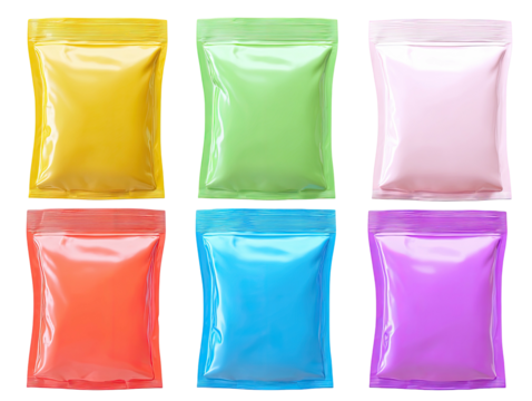 Six vibrant, glossy, colorful mylar bags against a white background
