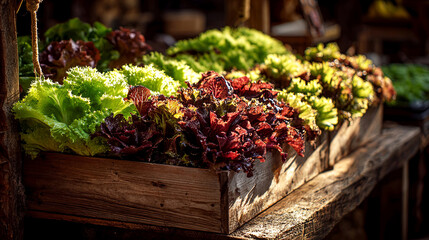 Fresh green and red lettuce varieties displayed in wooden crates under warm sunlight, showcasing vibrant colors and textures in a rustic market setting