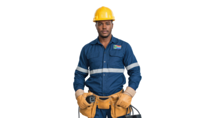 A serious Black man in a yellow hard hat, blue reflective uniform, gloves, and tool belt with a South African flag patch. background removed