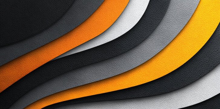 A black background supports a banner with wavy black and white stripes, as well as additional orange and white stripes