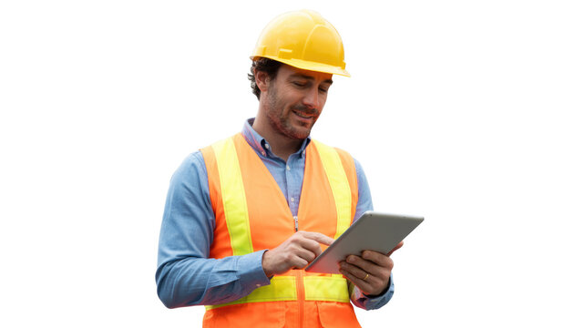 Smiling male construction worker in a hard hat and safety vest uses a tablet, efficiently managing projects. background removed