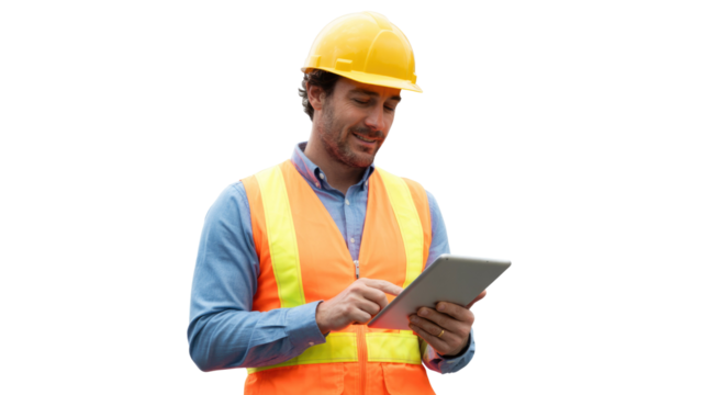Smiling male construction worker in a hard hat and safety vest uses a tablet, efficiently managing projects. background removed