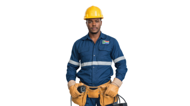 A serious Black man in a yellow hard hat, blue reflective uniform, gloves, and tool belt with a South African flag patch. background removed - Powered by Adobe