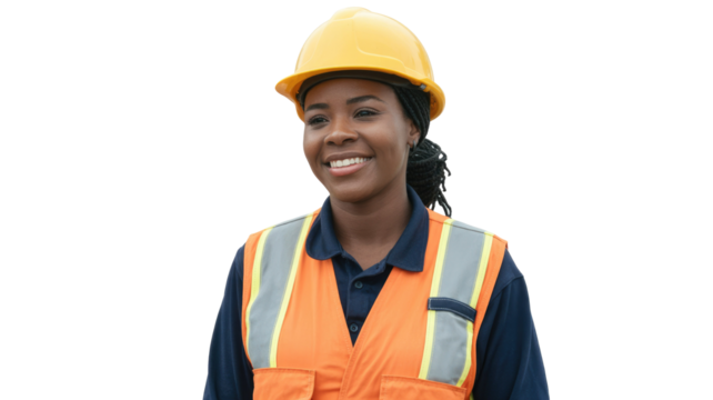 Smiling African American woman in a yellow hard hat and orange safety vest, looking confident and professional for industry themes. background removed