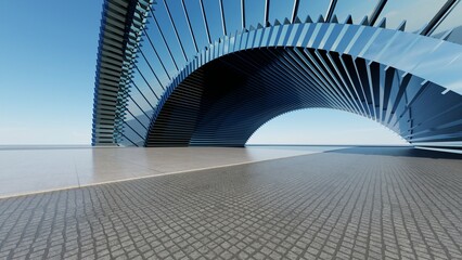 Obraz premium Abstract curved architecture background, Car presentation backdrop with empty concrete floor, Arch curve glass geometric entrance building design, 3d rendering