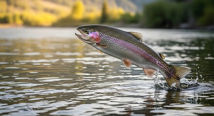 Obraz premium Rainbow Trout Leaping From Clear Waters A Display of Aquatic Agility and Beauty