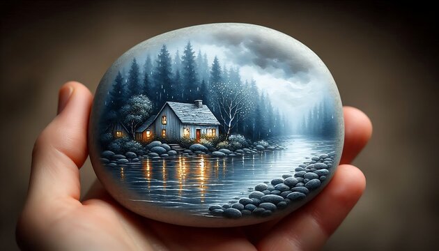 A cozy, illuminated cottage sits by a reflective river amidst a dark, misty forest, painted on a pebble, evoking a sense of mystery and warmth