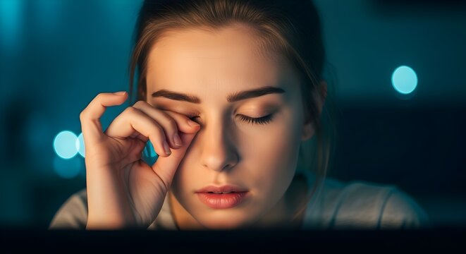 Exhausted Woman Rubbing Eyes Combating Digital Eye Strain and Fatigue at Night