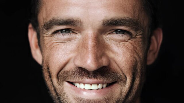 Close portrait of a smiling man against a dark backdrop, bright teeth and warm eyes radiating approachability; a versatile human moment for health, tech, finance and lifestyle brands seeking relatable