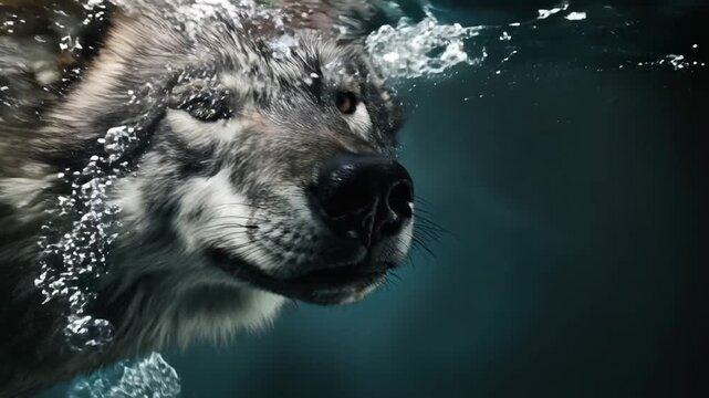 Head‑on underwater portrait of a wolf pushing toward the camera, snout first, eyes steady through the haze; a striking, unexpected wildlife angle perfect for bold campaigns and daring editorial cuts.