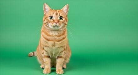 Full-body shot of an orange tabby cat sitting and looking forward on a green background with a plain color gradient.
