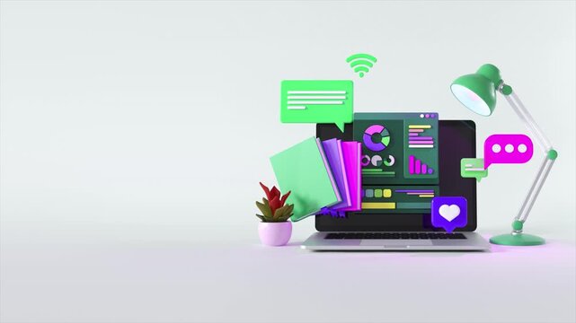 Vibrant 3D laptop workspace with social media icons, books, and lamp creating a dynamic digital office environment for modern creative workflow