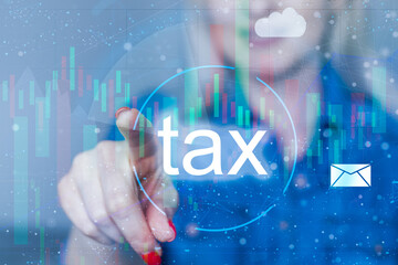 Business hand clicks virtual screen to tax return online for tax payment. Government, state taxes. Data analysis, paperwork, financial research, report. Calculation tax return