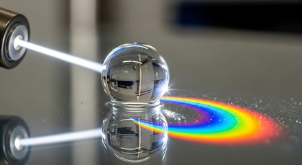 Stunning scientific experiment reveals vibrant rainbow spectrum as light refracts through a crystal sphere in a modern lab setting, illustrating physics principles