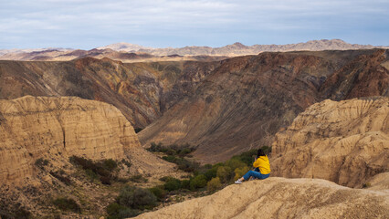 A solitary female figure walks carefully along the steep edge of a massive canyon, appearing tiny against the immense rock formations and vast natural expanse.