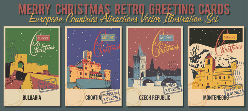 Merry Christmas Greeting Card Set. Bulgaria, Czech Republic, Croatia, Montenegro Attractions Postcards. Old European Castle, Fortress, Bridge and Monastery. Retro Greeting Cards Style Illustrations